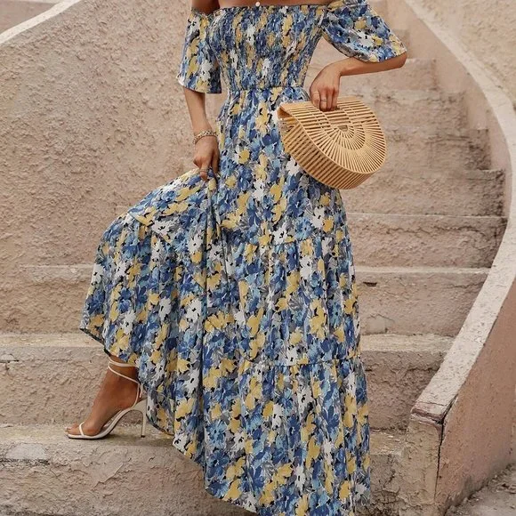 Blue Boho Womens Allover Floral Print Shirred Off Shoulder Ruffle Hem Dress - Picture 4 of 5